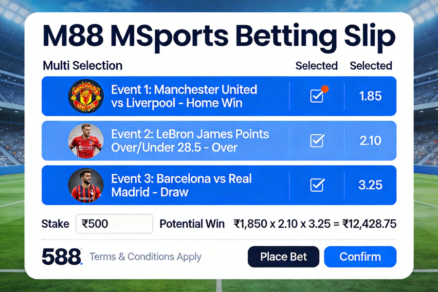 Contoh tiket taruhan betting slip dengan multi selection di platform M88 MSports