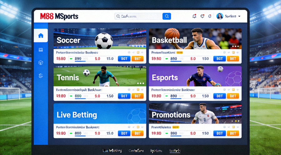 Tampilan dashboard lengkap platform M88 MSports dengan berbagai menu taruhan olahraga
